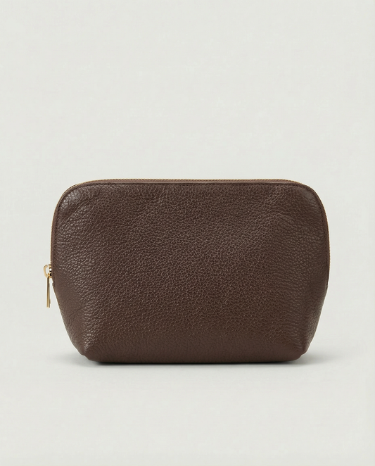 Pebble leather cosmetic bag with zip closure, available in chocolate, structured silhouette for everyday essentials.