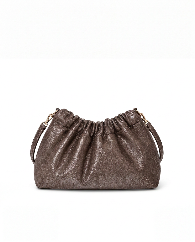 Mocha glitter clutch bag with a shimmering finish and detachable shoulder strap, perfect for elegant occasions.