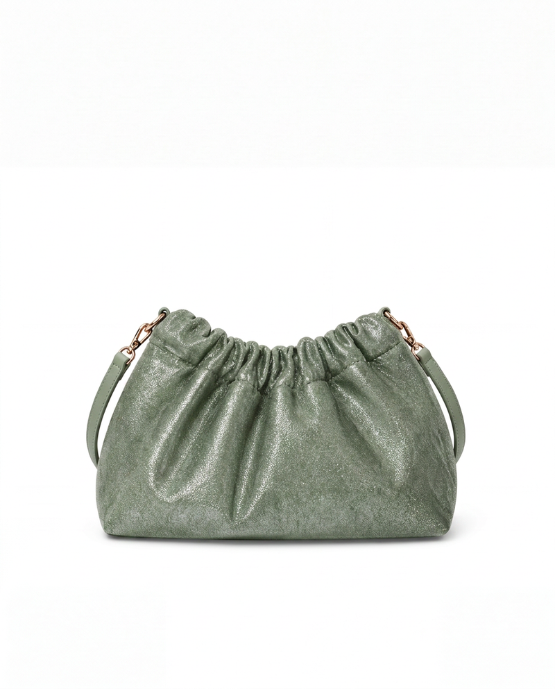 Sage glitter clutch bag with a shimmering finish and detachable shoulder strap, perfect for elegant occasions.