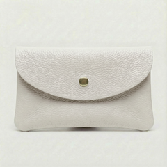 White leather wallet with a gold button on a light gray background, view 2