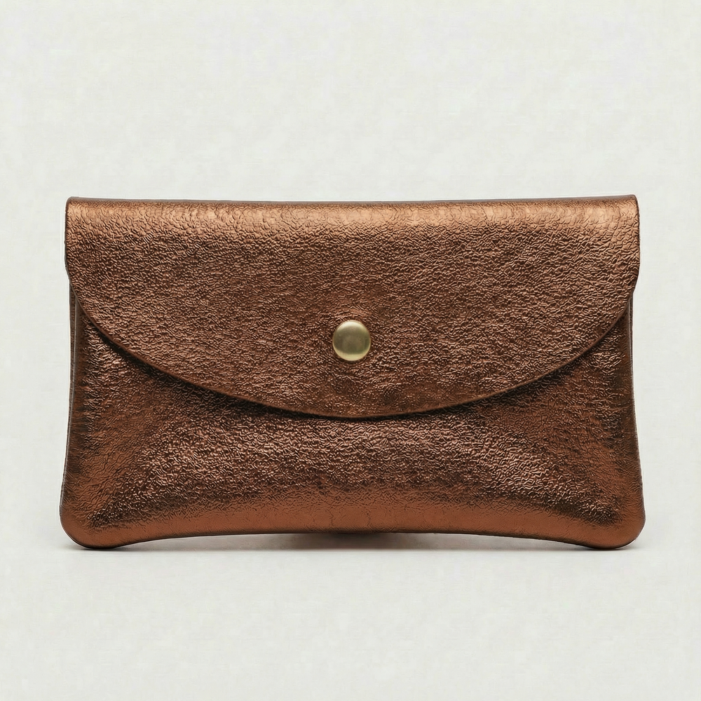 Copper metallic leather wallet available in mini coin wallet, coin wallet, and cellphone wallet sizes.