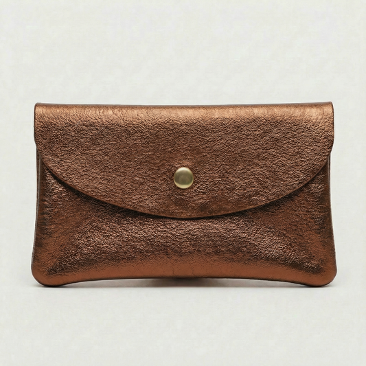 Copper metallic leather wallet available in mini coin wallet, coin wallet, and cellphone wallet sizes.