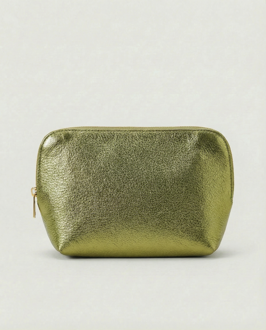 Metallic pistachio leather cosmetic bag with structured shape and top zip closure, shown in a sleek, minimalist style.