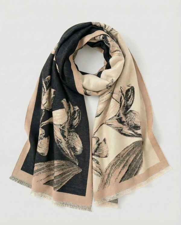 Wrap with black and beige floral pattern on a white background
