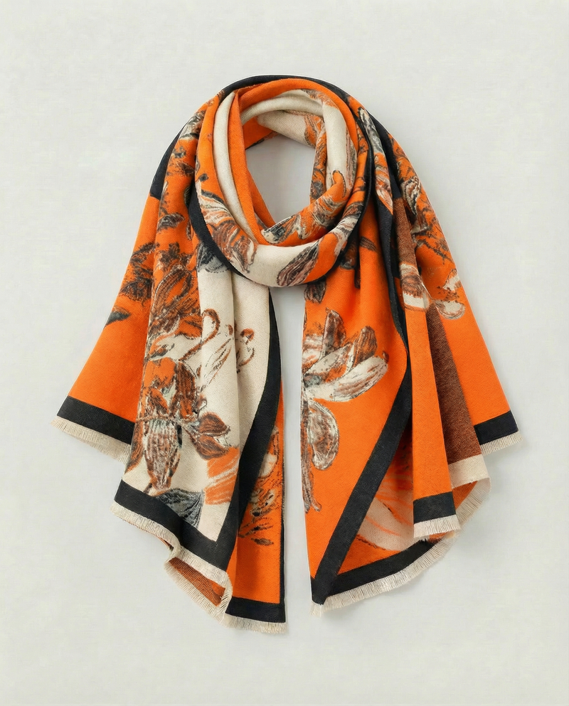 Orange wrap with floral pattern on a light gray background