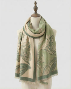 Sage green and beige wrap with dandelion pattern on a white background, view 2