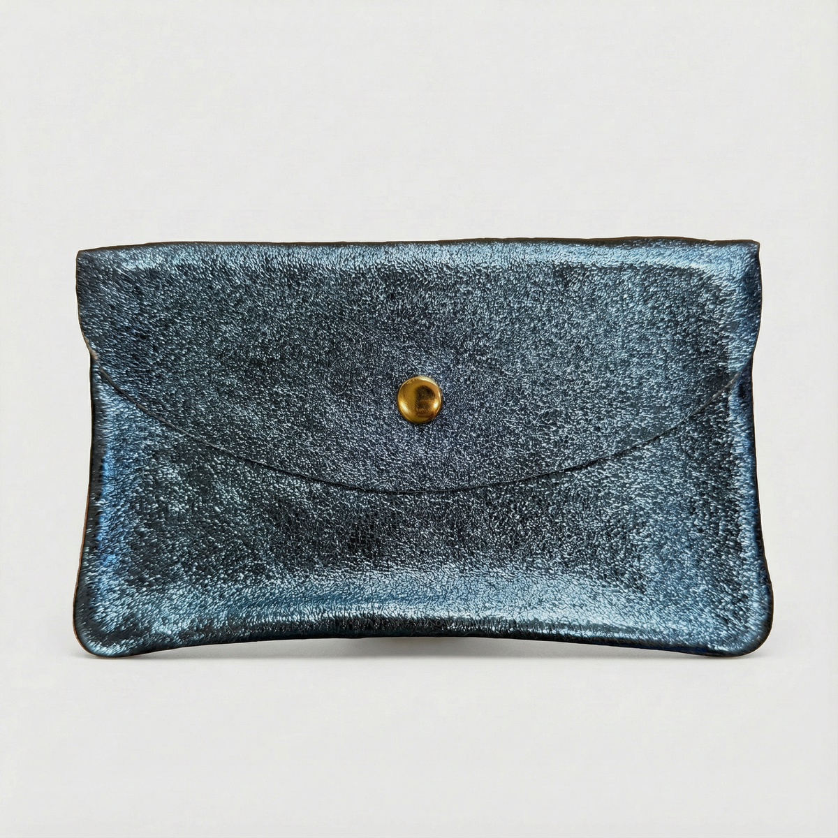 Denim metallic leather wallet available in mini coin wallet, coin wallet, and cellphone wallet sizes.