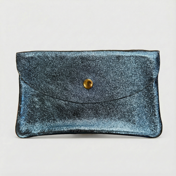 Denim metallic leather wallet available in mini coin wallet, coin wallet, and cellphone wallet sizes.