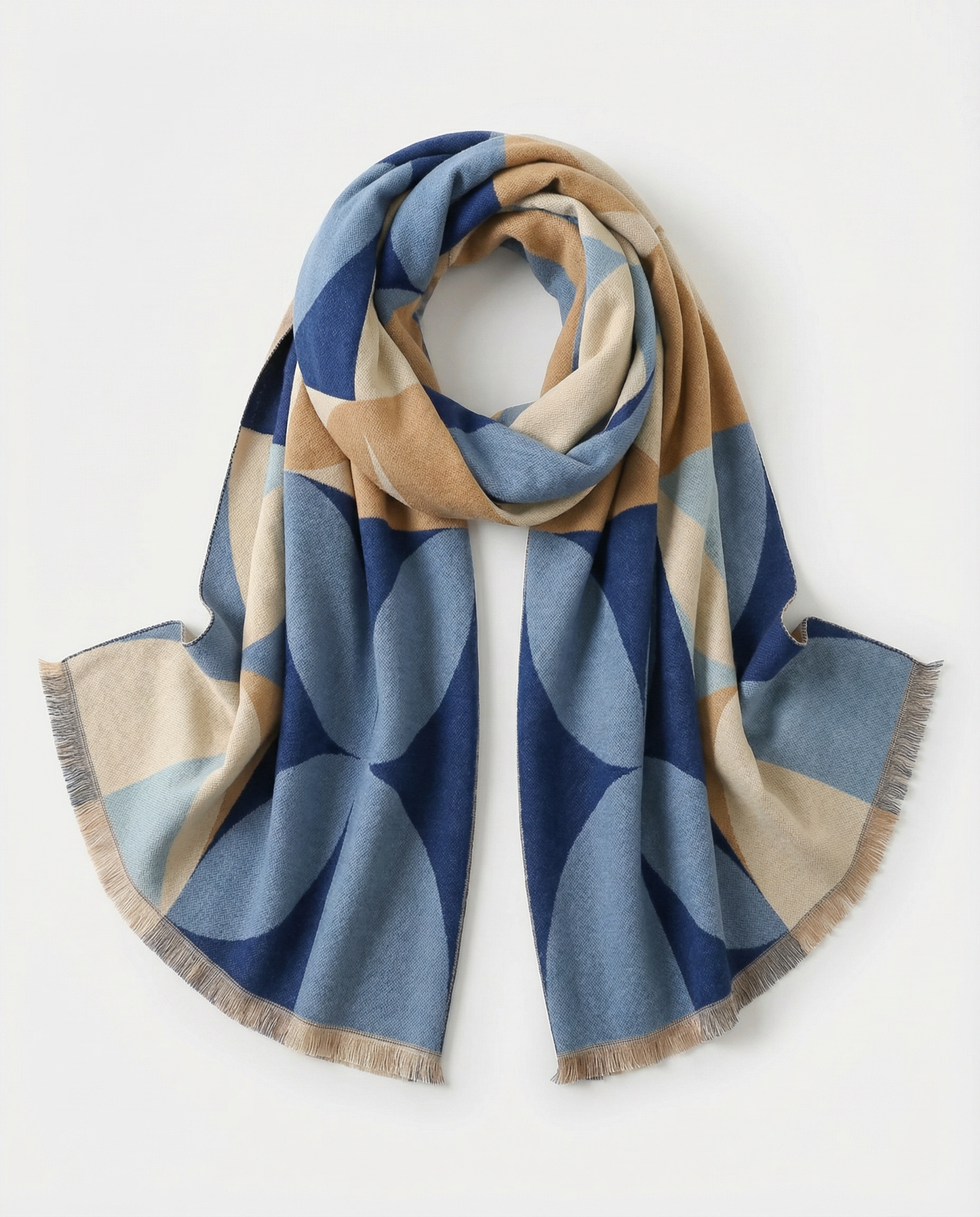 Colorful patterned wrap in blue and beige on a white background