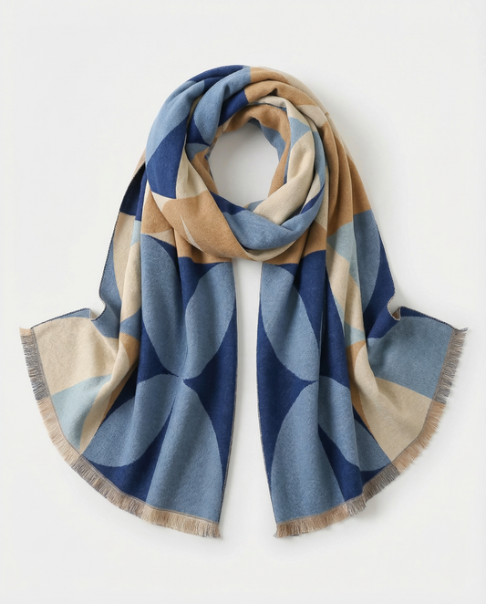 Colorful patterned wrap in blue and beige on a white background
