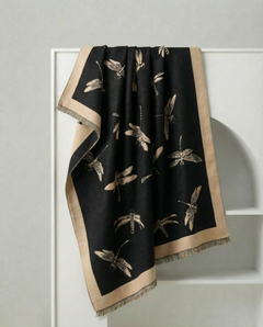 Black and beige scarf with dragonfly motif on a light gray background, view 2