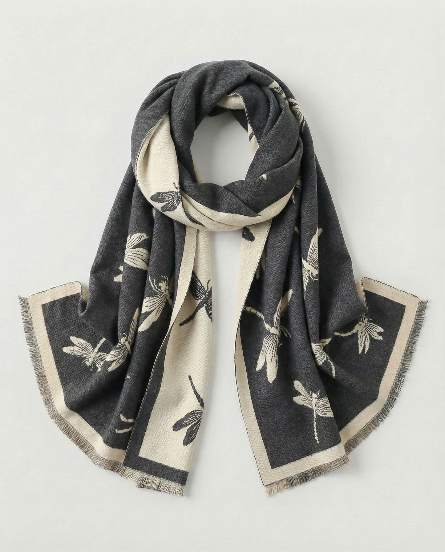 Dark gray wrap with beige dragonfly patterns on a light gray background