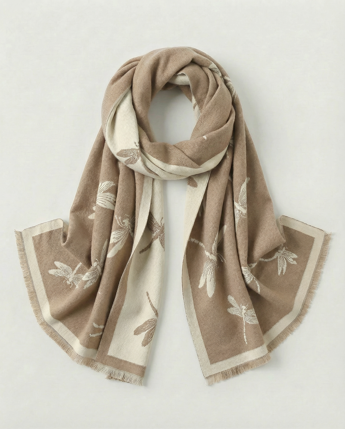 Beige wrap with dragonfly patterns on a light gray background
