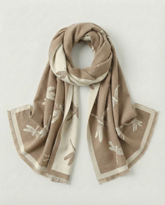 Beige wrap with dragonfly patterns on a light gray background, view 1
