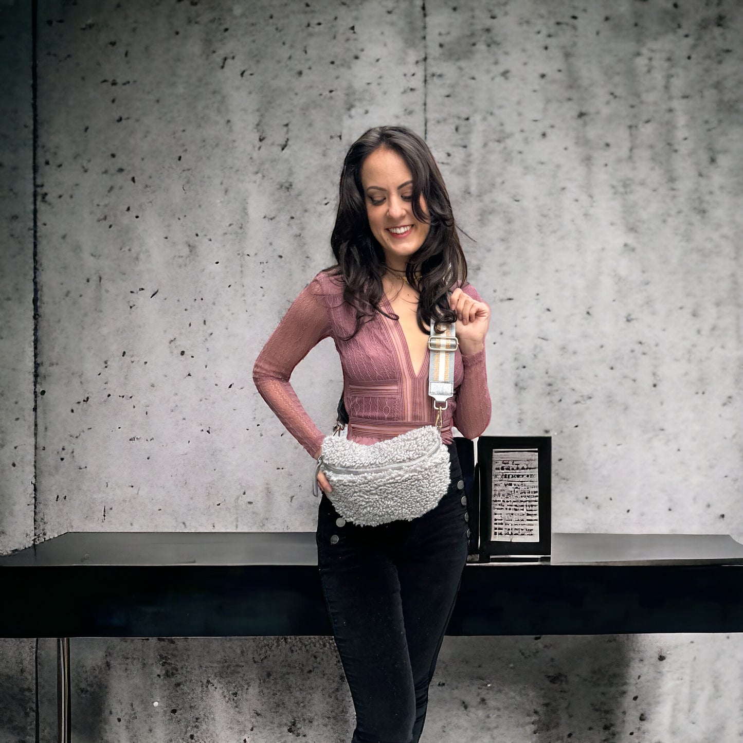 Fanny Bag - Teddie soft fabric and Leather - Silver