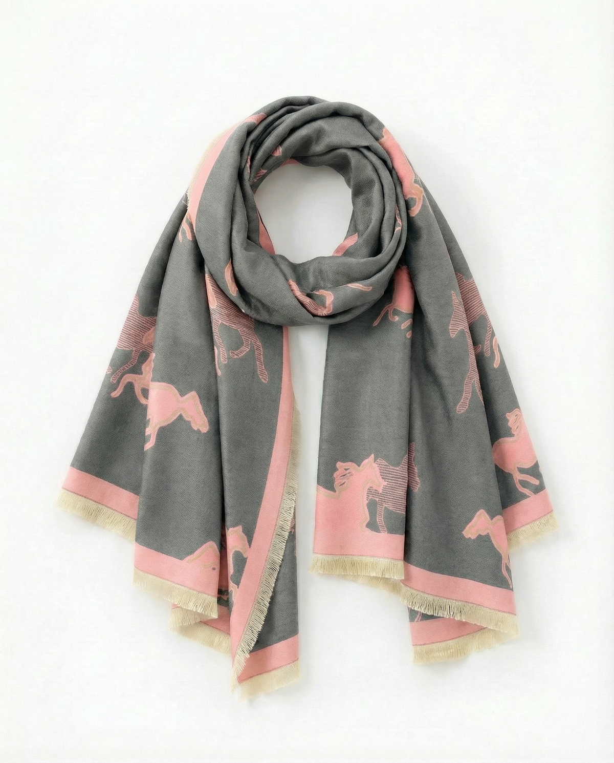 Gray wrap with pink horse patterns on a white background
