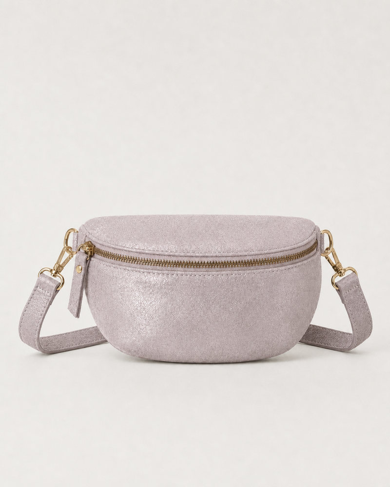 Blush glitter fanny bag with a shimmering finish and adjustable strap, designed for versatile everyday wear.
