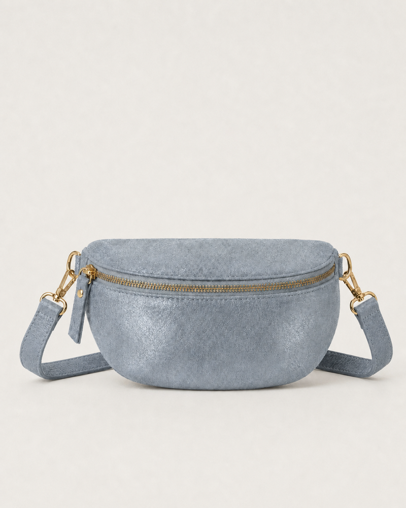 Light Blue glitter fanny bag with a shimmering finish and adjustable strap, designed for versatile everyday wear.
