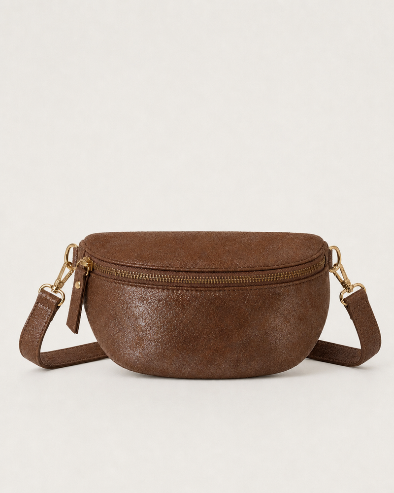 Caramel glitter fanny bag with a shimmering finish and adjustable strap, designed for versatile everyday wear.