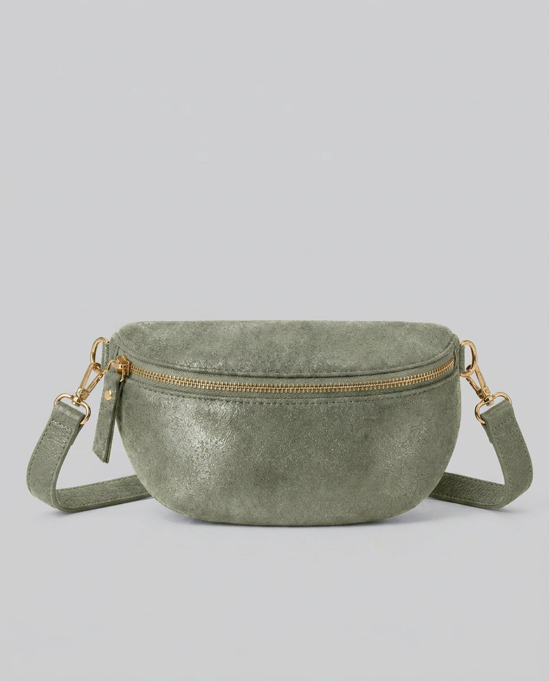 Olive glitter fanny bag with a shimmering finish and adjustable strap, designed for versatile everyday wear.