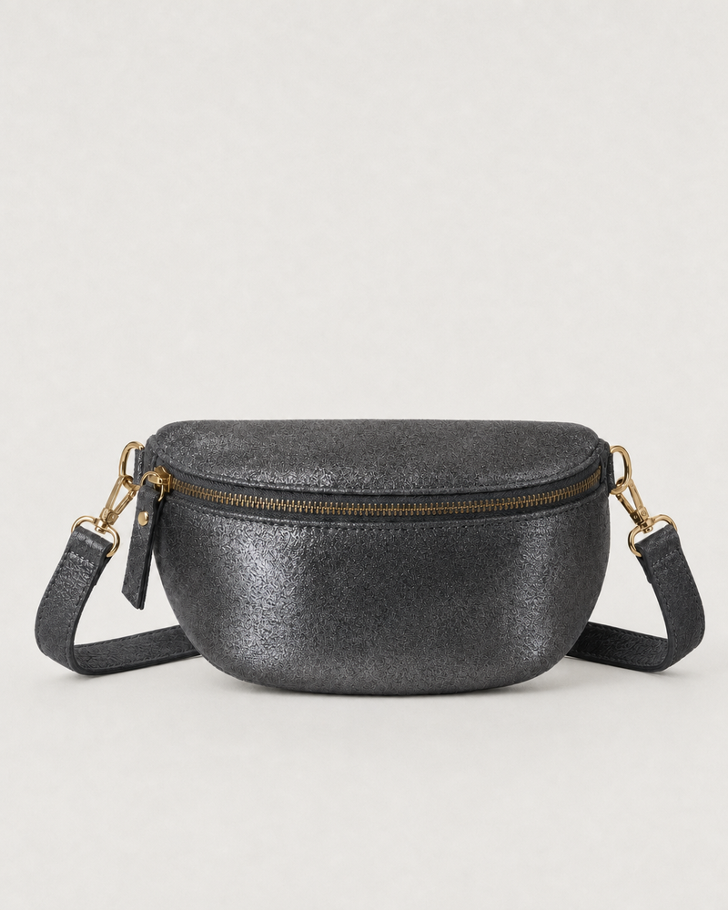 Pewter glitter fanny bag with a shimmering finish and adjustable strap, designed for versatile everyday wear.