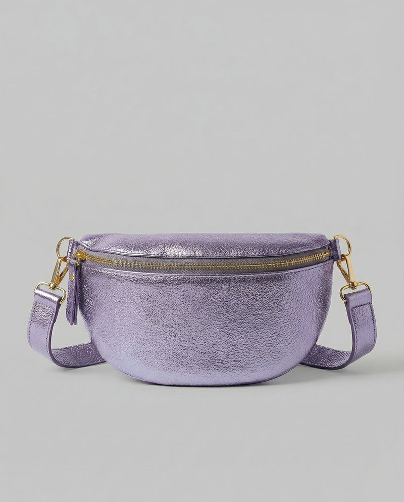 Metallic leather fanny bag in lilac with adjustable strap and sleek, compact silhouette designed for hands‑free everyday wear.