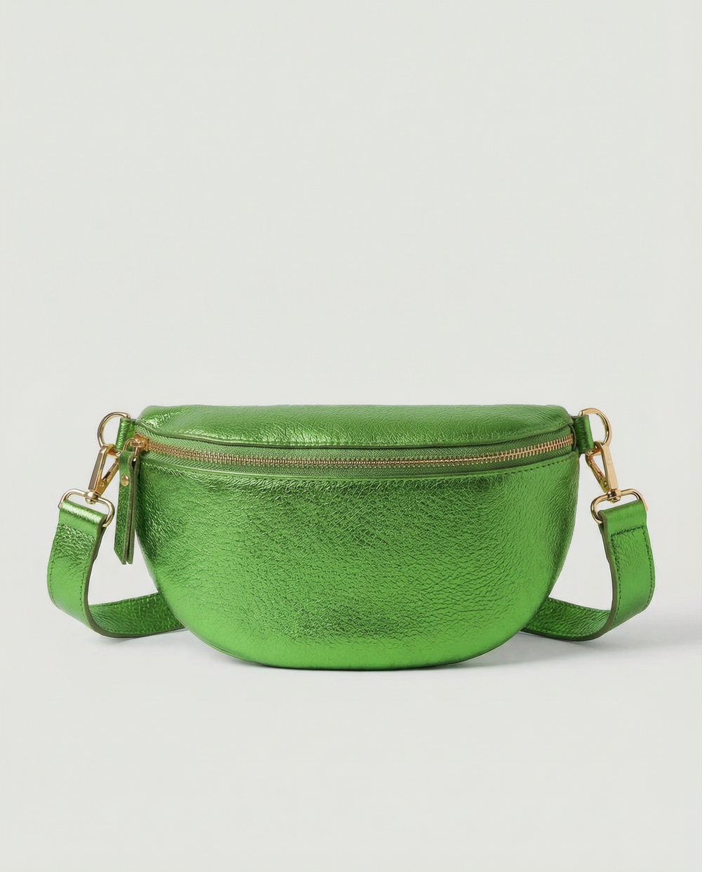 Metallic leather fanny bag in Kelly green with adjustable strap and sleek, compact silhouette designed for hands‑free everyday wear.
