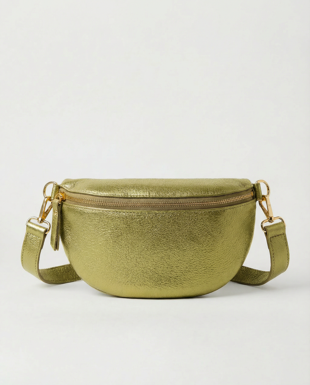 Metallic leather fanny bag in pistachio with adjustable strap and sleek, compact silhouette designed for hands‑free everyday wear.