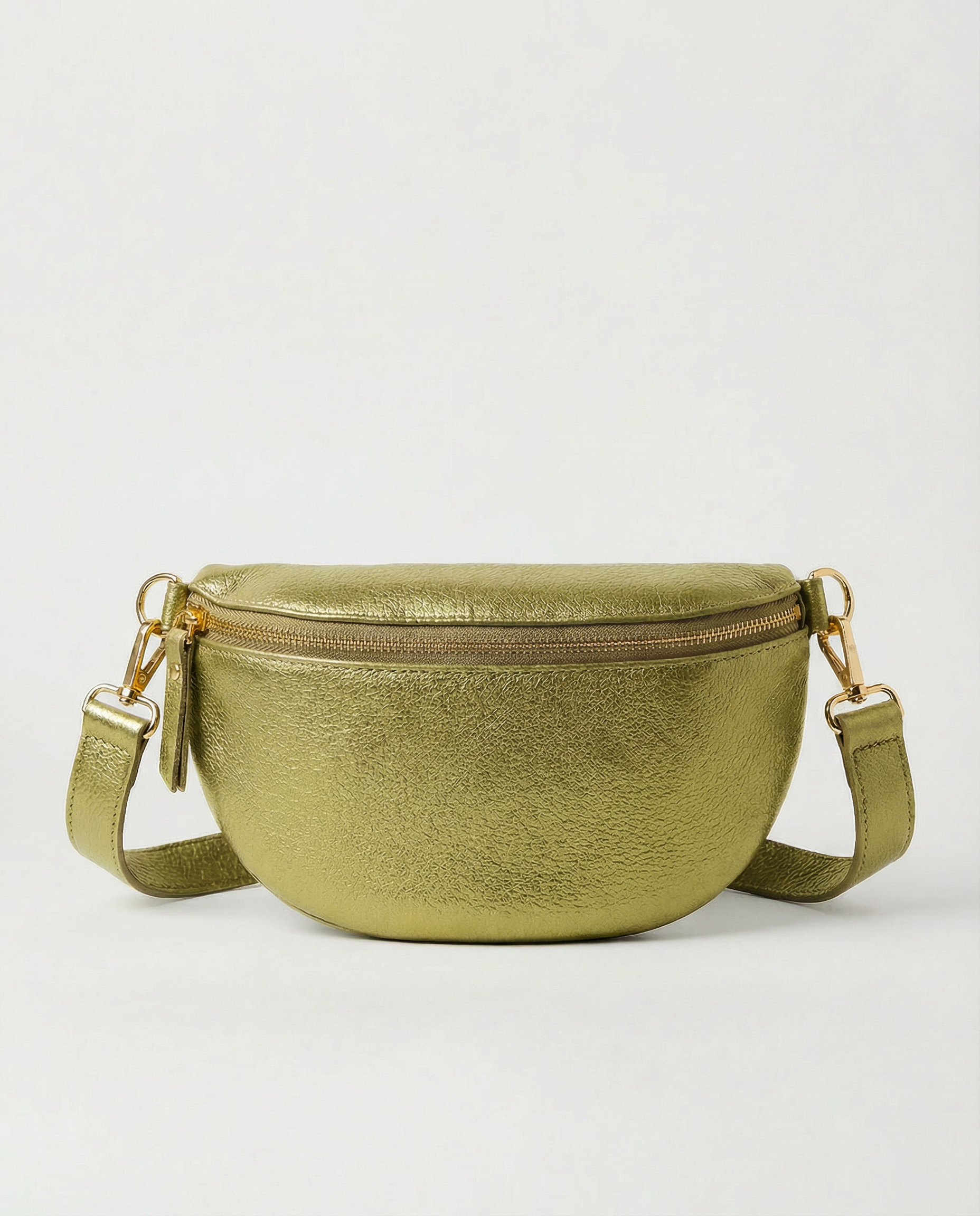 Metallic leather fanny bag in pistachio with adjustable strap and sleek, compact silhouette designed for hands‑free everyday wear.