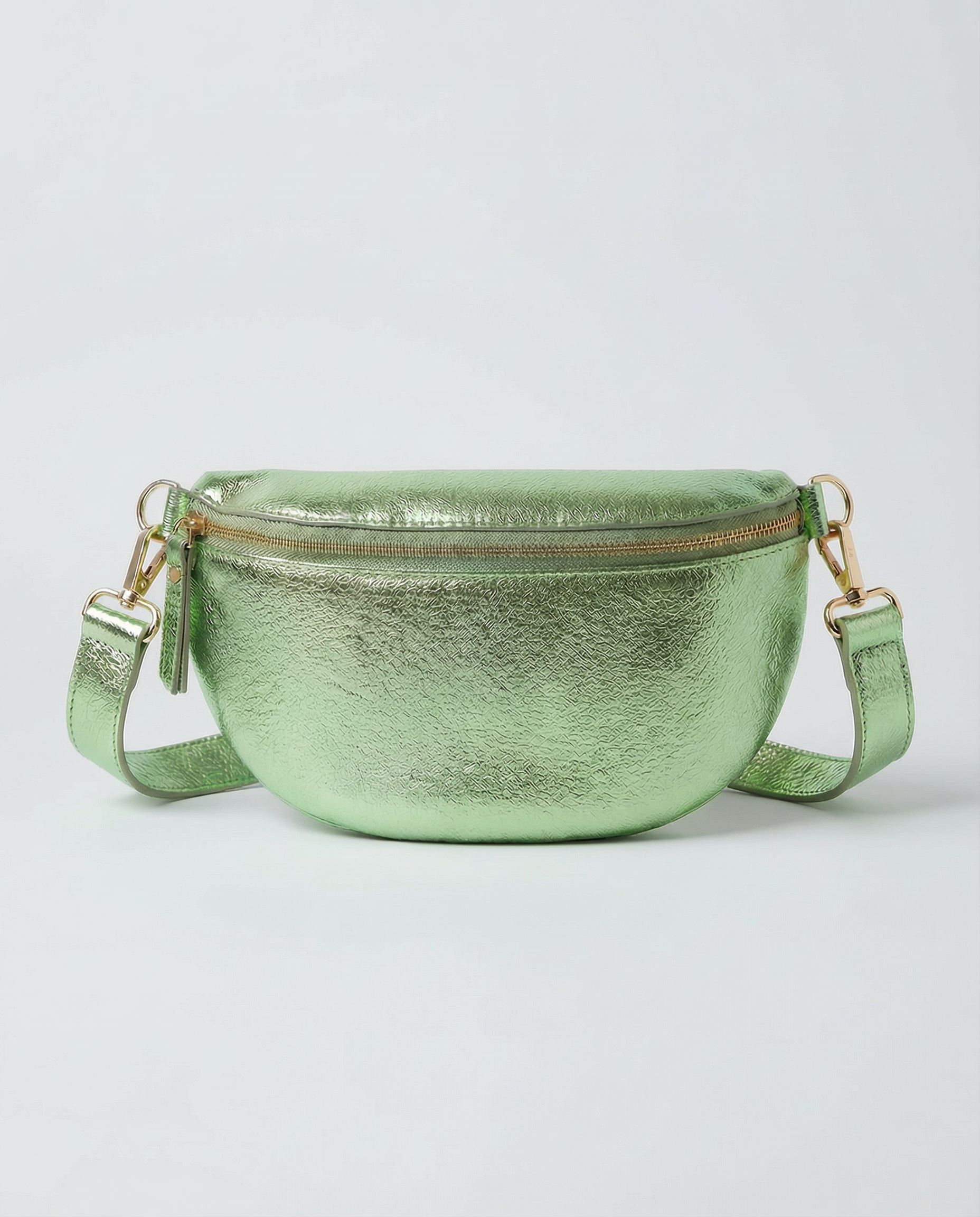 Metallic leather fanny bag in spruce with adjustable strap and sleek, compact silhouette designed for hands‑free everyday wear.