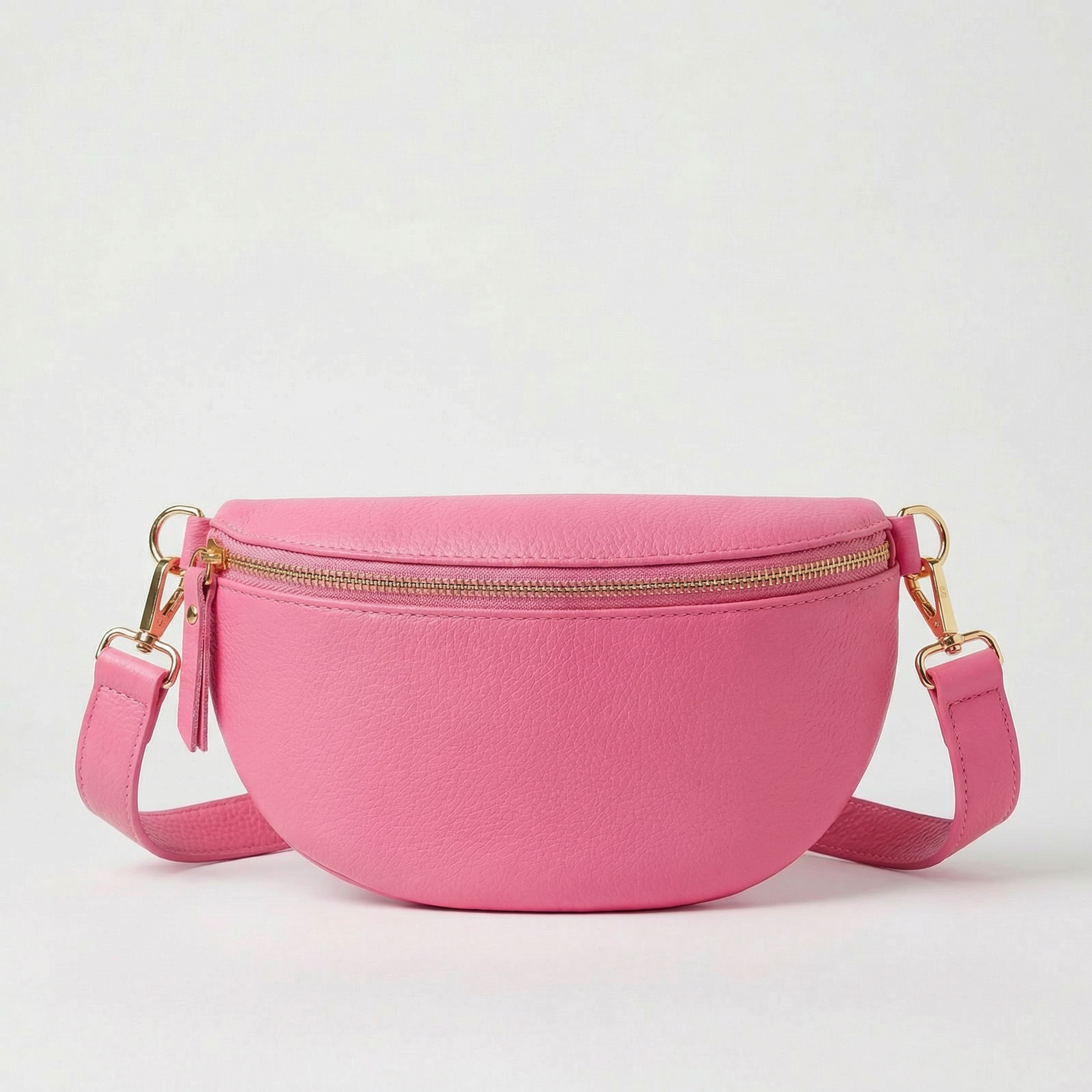 Barbie pink pebble leather fanny bag with adjustable strap and compact, hands‑free design.