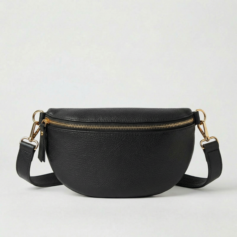 Black pebble leather fanny bag with adjustable strap and compact, hands‑free design.