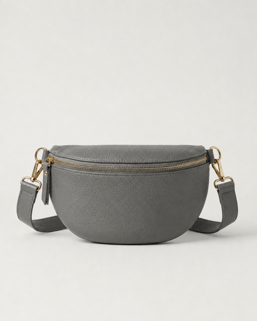 Grey pebble leather fanny bag with adjustable strap and compact, hands‑free design.