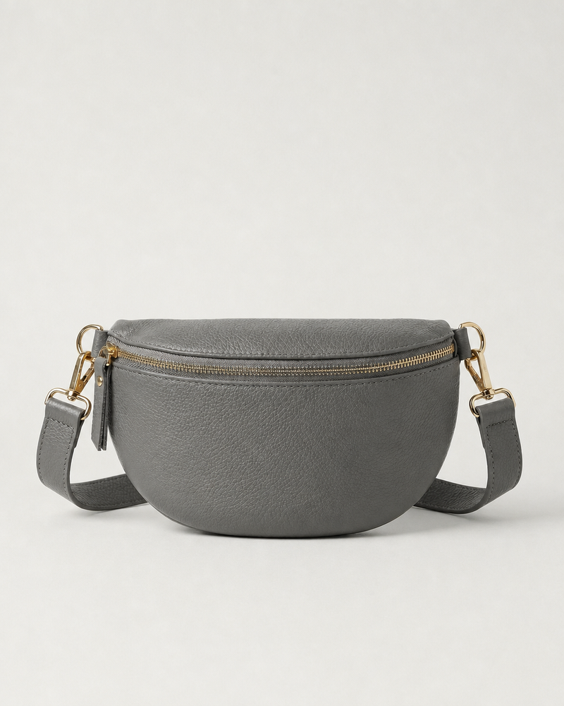 Grey pebble leather fanny bag with adjustable strap and compact, hands‑free design.