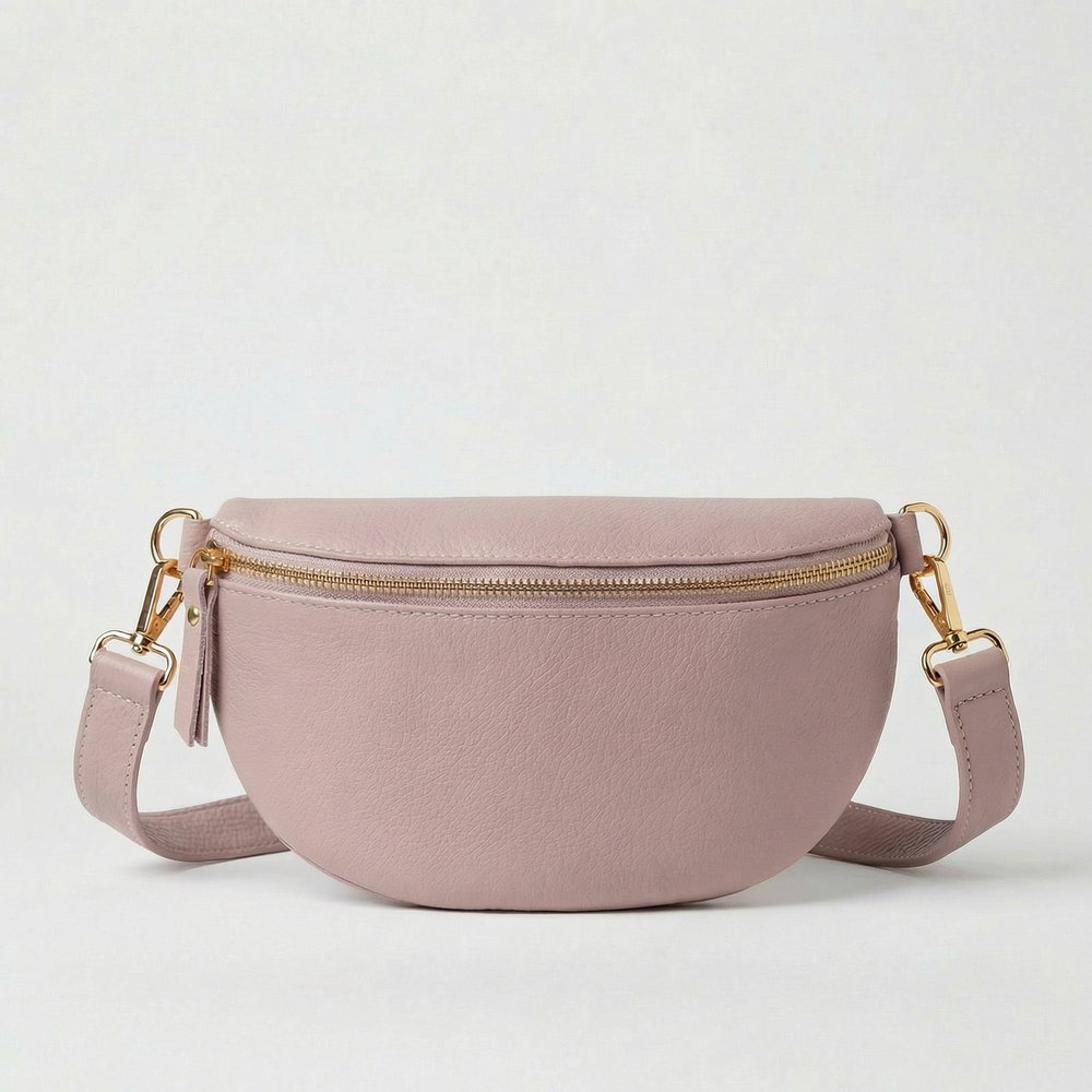 Lilac pebble leather fanny bag with adjustable strap and compact, hands‑free design.
