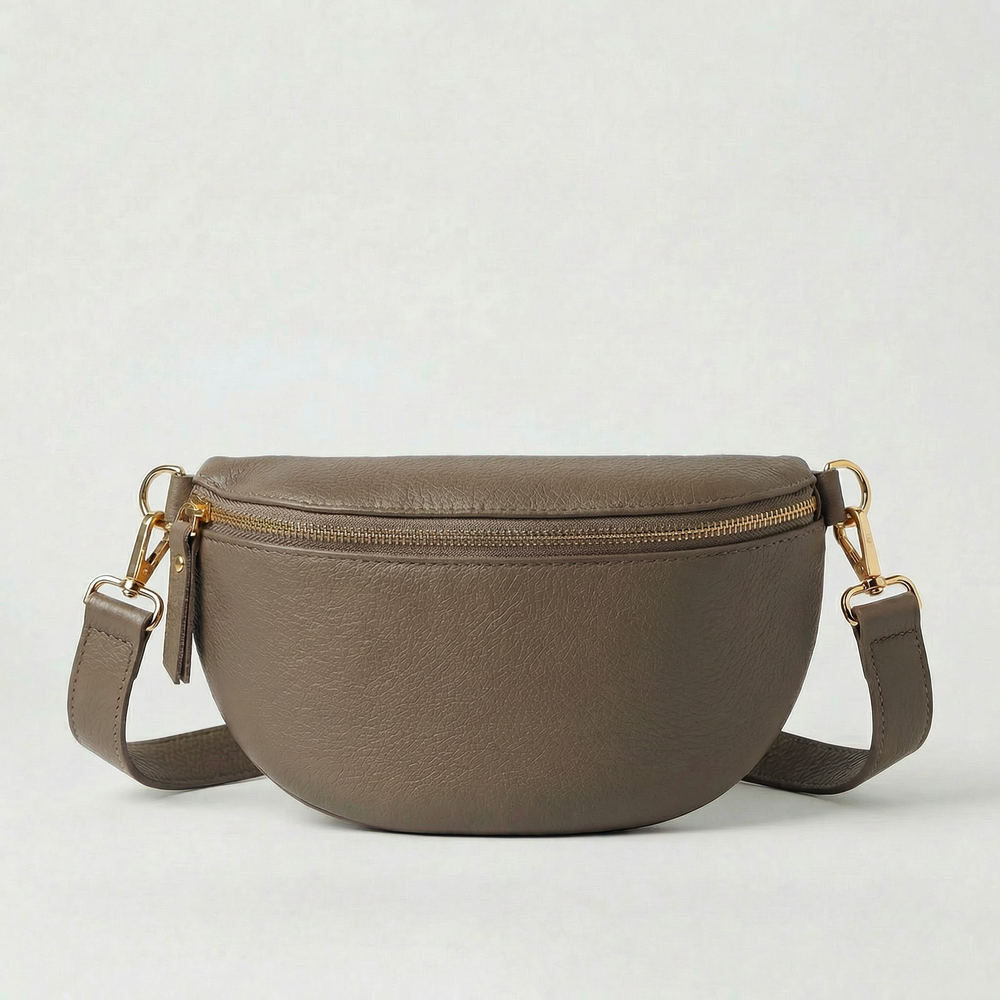 Mocha pebble leather fanny bag with adjustable strap and compact, hands‑free design.