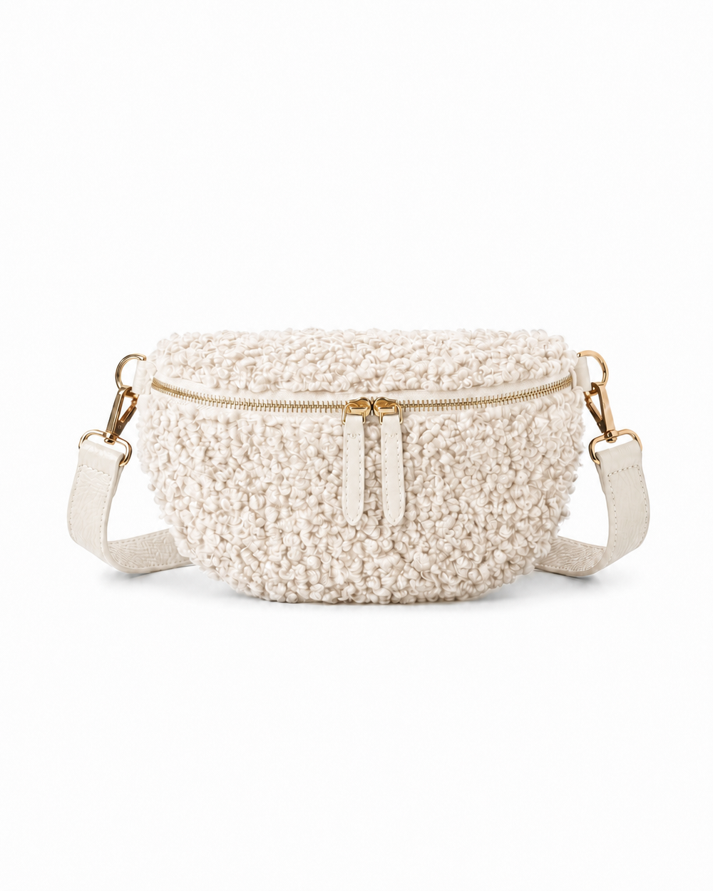 Stylish ivory teddy fabric and leather fanny bag with an adjustable strap.