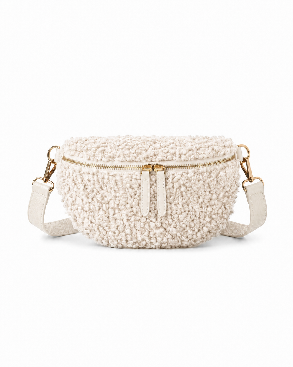 Stylish ivory teddy fabric and leather fanny bag with an adjustable strap.