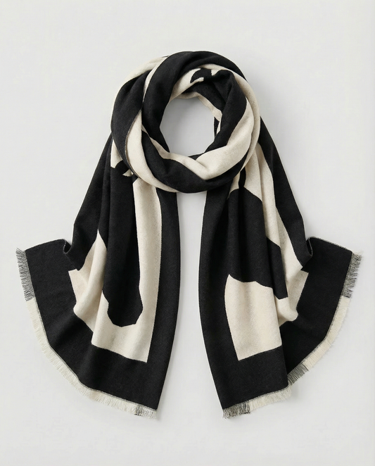 Black and beige wrap with horse-head motif on a light gray background