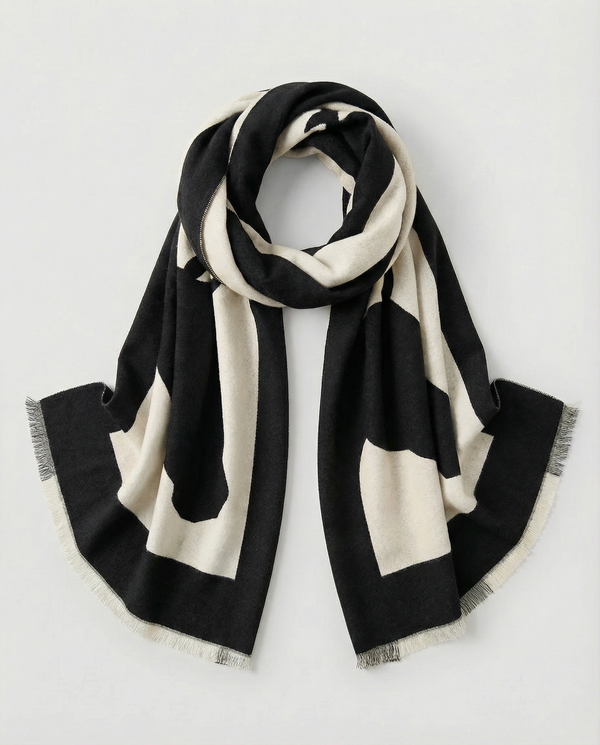 Black and beige wrap with horse-head motif on a light gray background