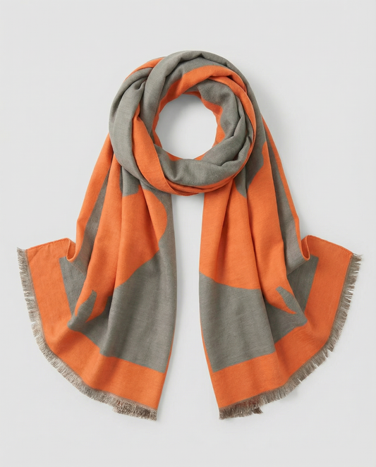 Orange and eucalyptus horse-head motif wrap on a white background