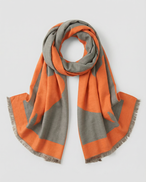 Orange and eucalyptus horse-head motif wrap on a white background