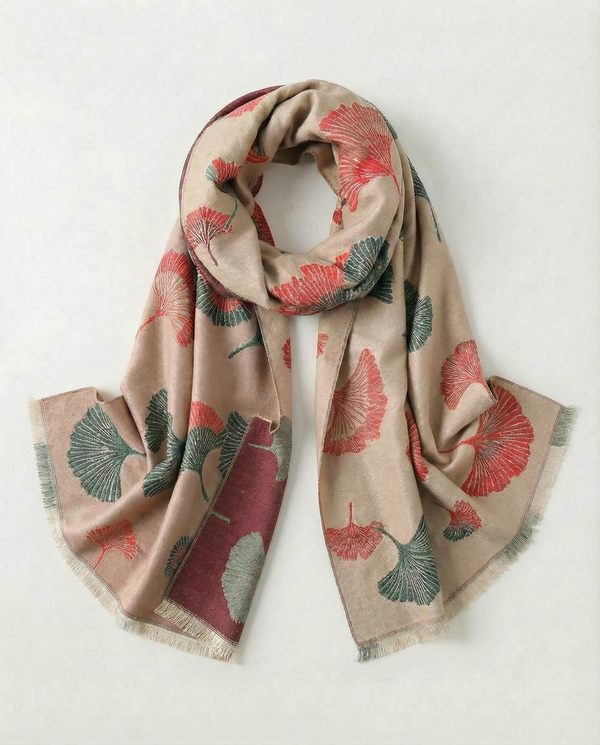 Beige wrap with red and green floral patterns on a white background