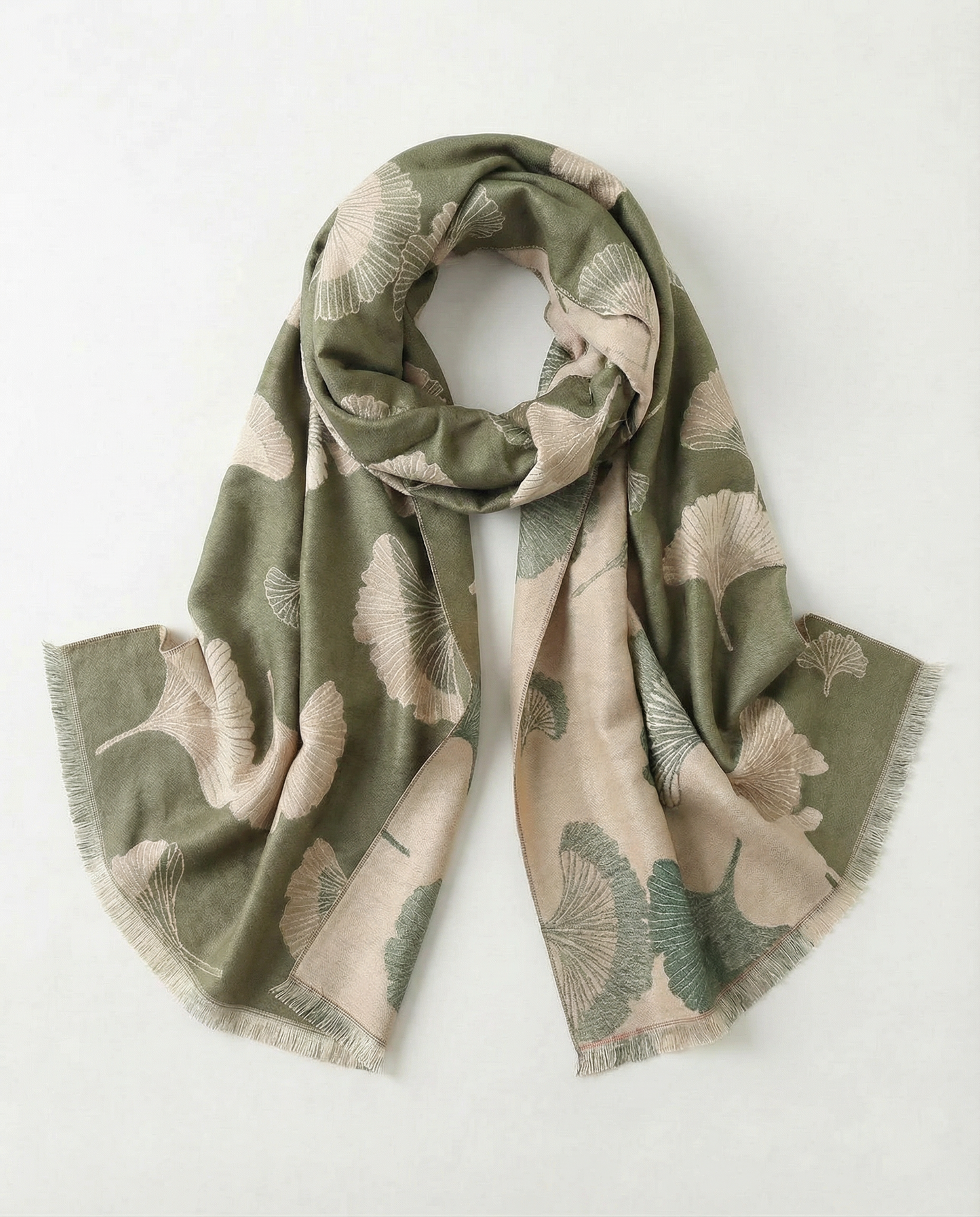 Green and beige patterned wrap on a white background