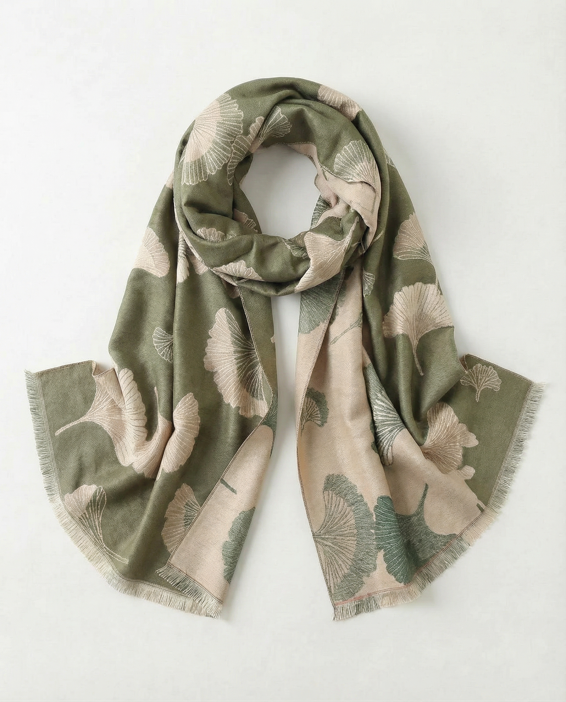 Green and beige patterned wrap on a white background