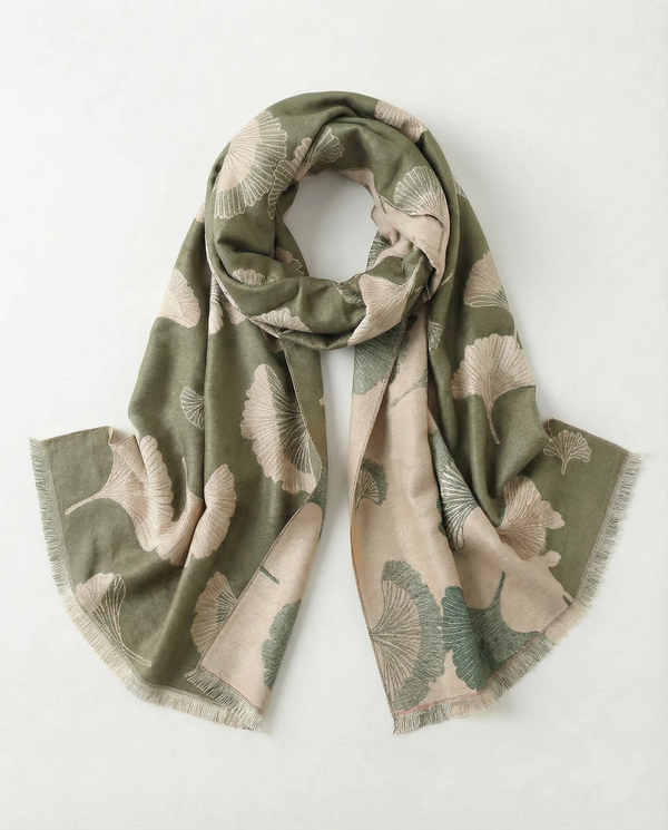 Green and beige patterned wrap on a white background