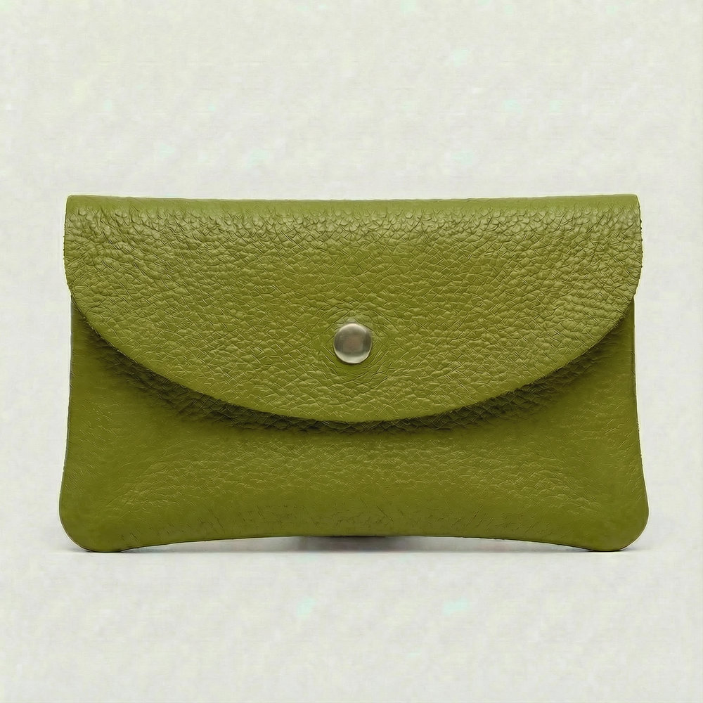 Green pebble leather wallet collection featuring Mini Coin Wallet, Coin Wallet, and Cellphone Wallet in genuine leather, made in Italy.