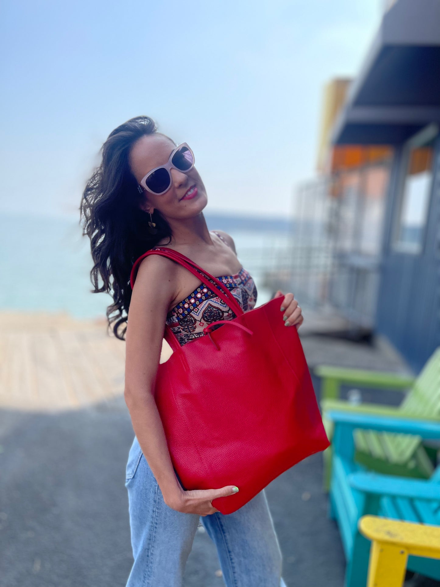 Red tote bag leather cheap