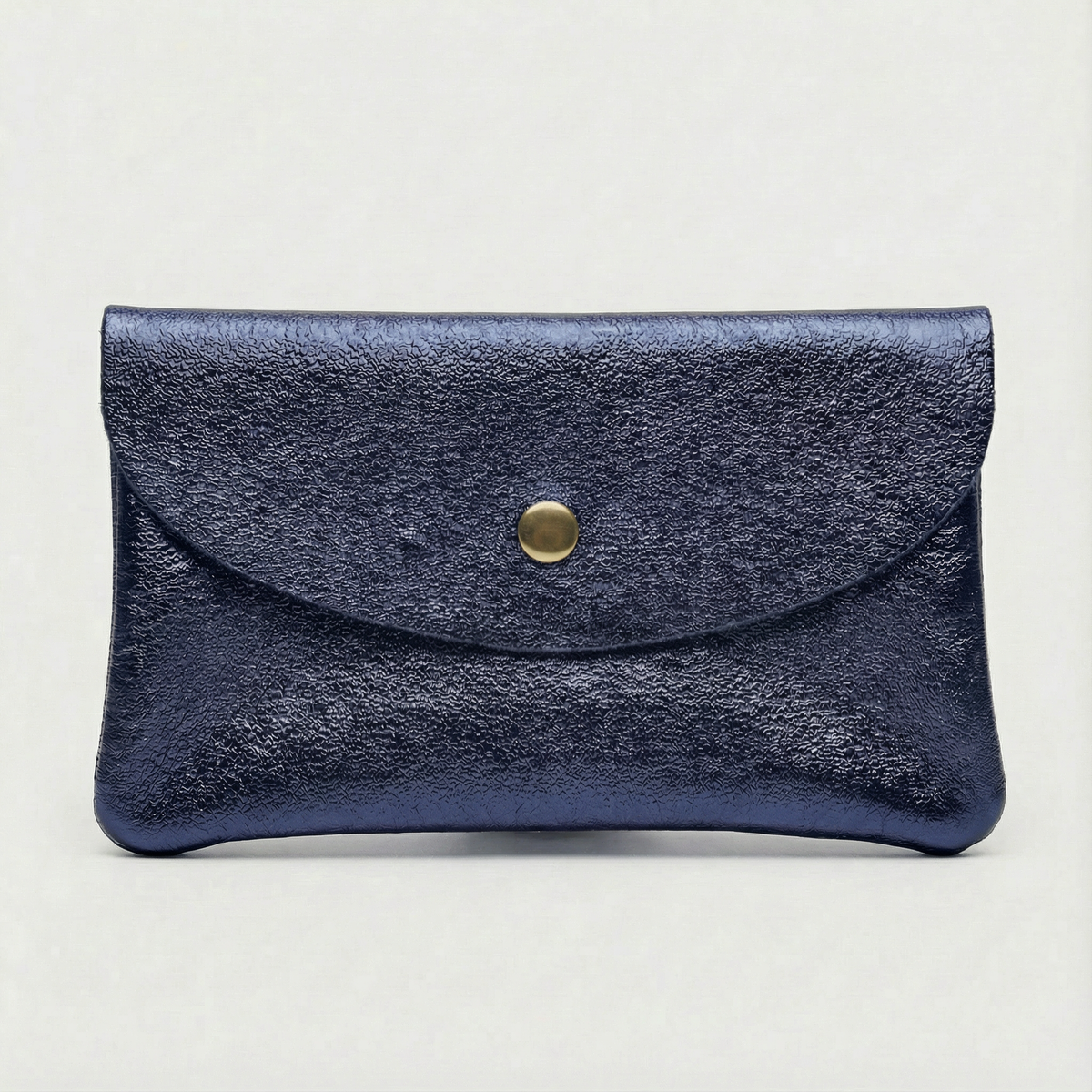 Indigo metallic leather wallet available in mini coin wallet, coin wallet, and cellphone wallet sizes.