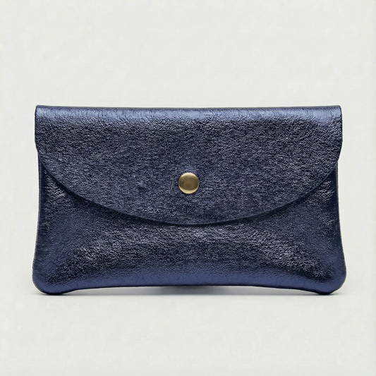 Indigo metallic leather wallet available in mini coin wallet, coin wallet, and cellphone wallet sizes.
